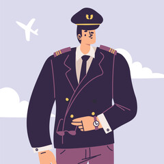 Sticker - Pilot Man Character in Uniform with Tie Vector Illustration