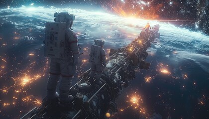 Wall Mural - two astronauts on a spacecraft orbiting earth with a glowing galaxy in the background