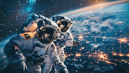 Wall Mural - two astronauts floating in space, earth in the background