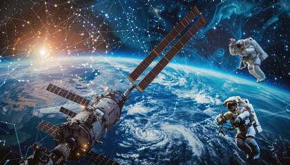 Wall Mural - space station and astronauts orbiting earth with network connection