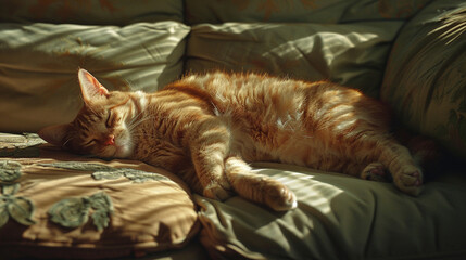 Love, care tired baby animal. Animal shelter adoption, finding new home. Relaxed kitten sleeping napping in living room. Cat on armchair, having new pet at home. 