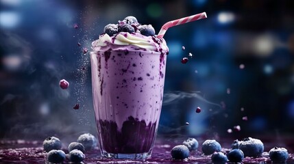 Sticker - Blueberry smoothie with whipped cream and a straw in it