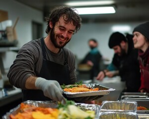 Wall Mural - Volunteers preparing and distributing meals in a community kitchen to help feed the homeless and needy