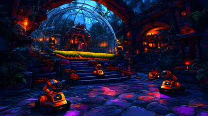 A glowing, futuristic greenhouse with robots and plants.