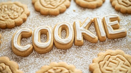 Wall Mural - Plate of cookies with the word cookie written in white icing