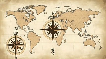  Vintage World Map with Compass Roses.
