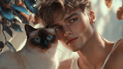 Wall Mural - Young Man and Cat with Blue Eyes