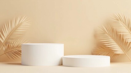 Two white round podiums for product presentation on beige background with dry palm leaves