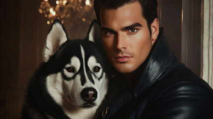 Wall Mural - Handsome Man with Husky Dog