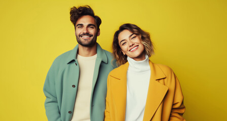 Wall Mural - Portrait stylish beautiful happy woman and man, modern young couple together on colorful background