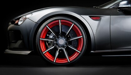 High-performance sports car with black alloy wheels and red brake calipers, isolated on black background