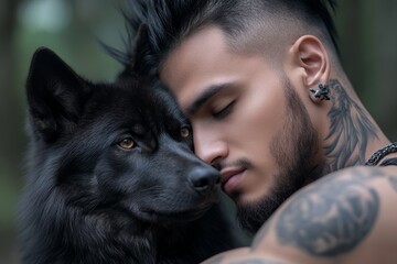 A young man with a mohawk-style haircut shares an intimate moment with a black wolf, showcasing his tattoo and ear piercings. Their connection reflects a bond with nature