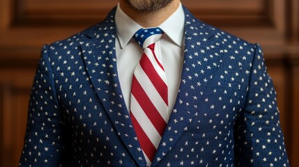 A close-up shot of a man wearing a navy blue suit with white stars and a red, white, and blue tie. The suit is a bold statement piece perfect for a patriotic occasion.