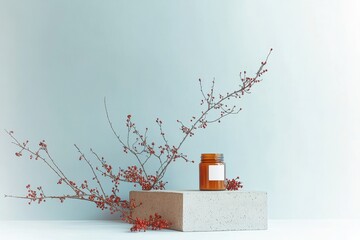 mockup of an amber candle jar with a blank white label, sitting atop two concrete blocks, beside christmas tree branches, christmas decoration, red berries, against a white background.