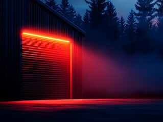 Sleek industrial shed illuminated by red neon light in a foggy forest setting