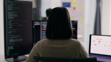 Wall Mural - a female developer is observed from behind, scrutinizing a complex codebase on her monitor within a 