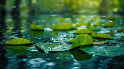 Wall Mural - Green leaves floating on water creating a stunning backdrop for product display with space for text.