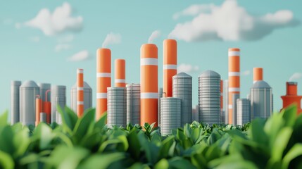 A vibrant cityscape with skyscrapers and colorful smokestacks, set against a clear sky, surrounded by lush greenery.