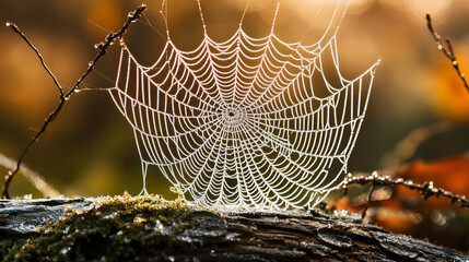 Intricate Dew-Covered Spider Web Captured in Macro Photography with Glorious Morning Light