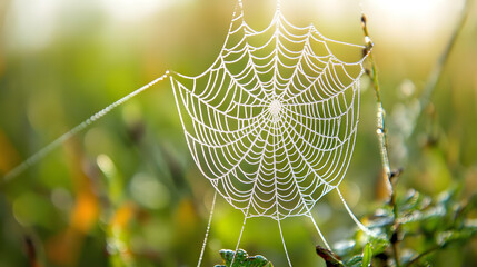Intricate Dew-Covered Spider Web Captured in Macro Photography with Glorious Morning Light