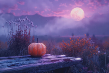 An old wooden plank with orange pumpkins, purple background with moonlight Halloween background.