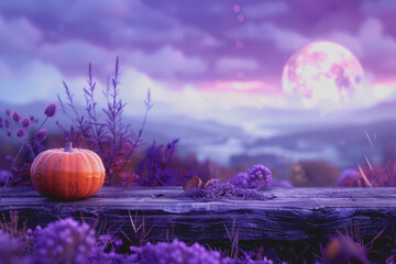 An old wooden plank with orange pumpkins, purple background with moonlight Halloween background.