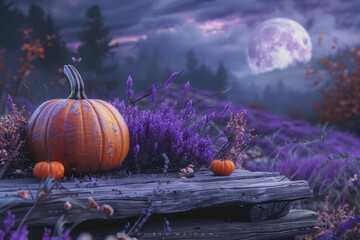 An old wooden plank with orange pumpkins, purple background with moonlight Halloween background.