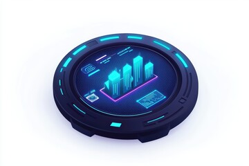 Futuristic data visualization dashboard with glowing elements, isolated on a white background.