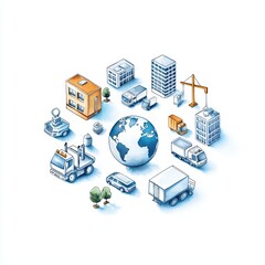 Illustration of global industry with buildings, vehicles, and earth, on a white isolate background.