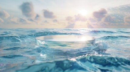 Wall Mural - Clear glass podium on water with waves in sunlight. Background for product presentation. Cosmetic mockup with copy space.