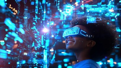 Happy child wearing a futuristic vr headset is exploring a metaverse environment with glowing blue data streams flowing in the background