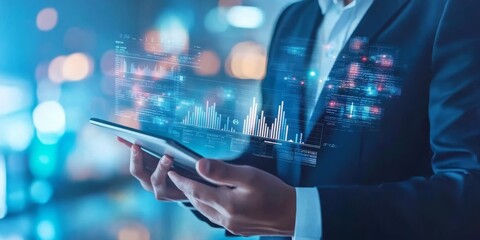 A businessman uses a tablet to manage his online marketing. He's focusing on search engine optimization (SEO), advertising, and online sales to grow his business and make more money.