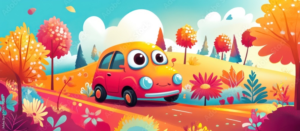 Cute cartoon car driving on a winding road through a colorful autumn ...