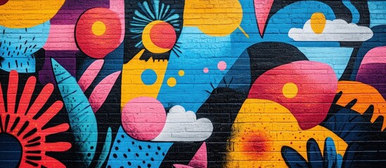 Wall Mural - colorful abstract mural painted on brick wall with red, pink, blue, yellow, and green paint.