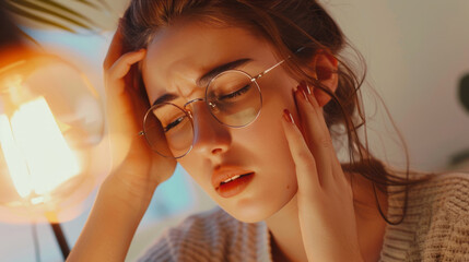 A young woman with glasses suffers from eye pain, touching her head and holding her hands on her nose at home, in a close-up portrait of a tired female student having vision problems.