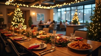 A beautifully decorated table is set for a Christmas dinner in a warm, inviting restaurant