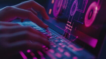 Close up of Hands Typing on Laptop with Futuristic Interface