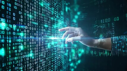 A hand reaching out towards a blue binary code background.