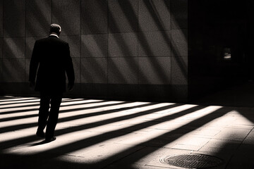 a man walks alone in a setting of striking shadows and light, creating a dramatic and introspective 