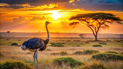 an ostrich stands majestically in the golden light of sunset against a vibrant landscape of african 