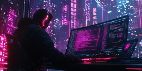 Computer engineers design and create software for phones, computers, and other devices. They write code, like the neon glow on a futuristic laptop screen, to make these programs work.