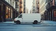 © KAMOSTOCK - A white delivery van parked on a quiet city street surrounded by stylish buildings, showcasing an urban setting.