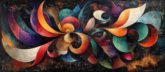 Wall Mural - abstract art painting of colorful shapes and swirls on a black background.