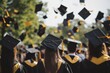 © Vitalii Shkurko - Graduates in black gowns and yellow accents joyfully throw their caps into the air during a graduation ceremony on a warm, sunny day at the university