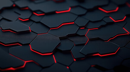 Abstract black geometric surface with red glowing lines forming hexagonal shapes, featuring a futuristic and technological design concept.