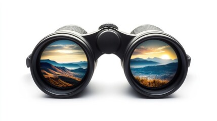 A binocular viewfinder template showcasing a landscape set against a clean white background