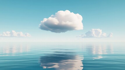 Wall Mural - 3d render of an abstract minimalist background featuring a white cloud hovering over calm water crea