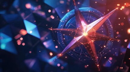 Abstract design celebrating the New Year with a compass featuring low polygon shapes and a geometric backdrop enhanced by a wireframe light structure in a modern 3D graphic style