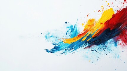 Acrylic paint background banner featuring abstract strokes and splashes in blue red and yellow isolated on a white texture