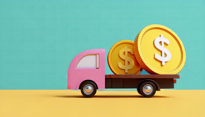 A colorful truck carries large dollar coins, symbolizing finance, delivery, and commerce against a vibrant background.